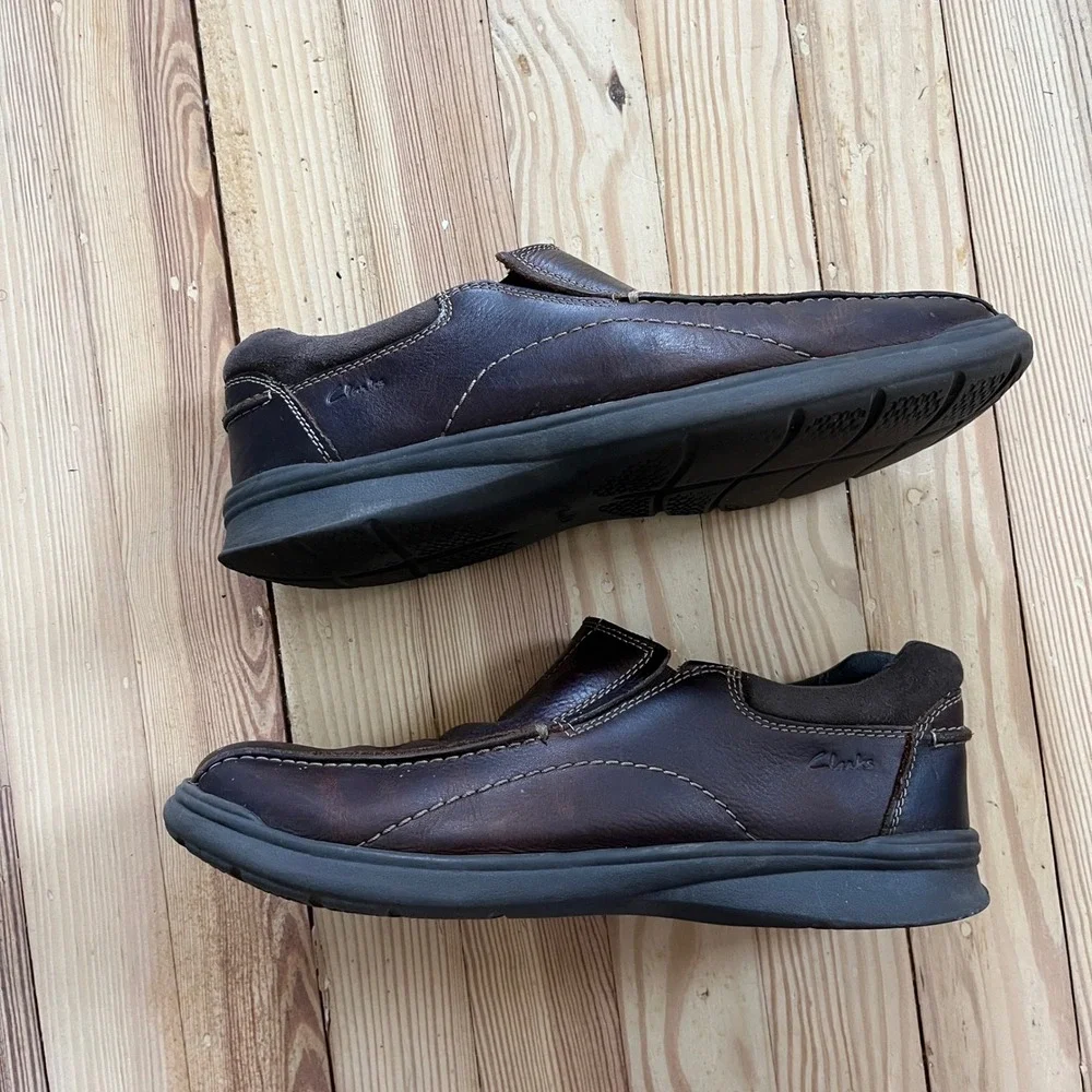 Clarks Men Tilden Free Dark Brown Leather Slip On Loafers Moc Toe Size 10 preppy